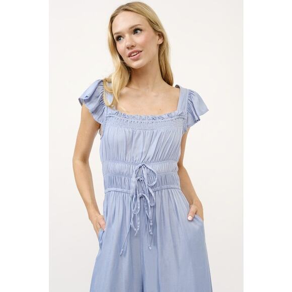 And The Why Ruched Multi Strings Details Square Neck Wide Leg Jumpsuit | Blue - Picture 8 of 8